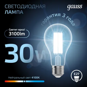 Лампа светодиодная Filament А70 30W 3100lm 4100К Е27 LED 1/10/40 | 102902230 | Gauss