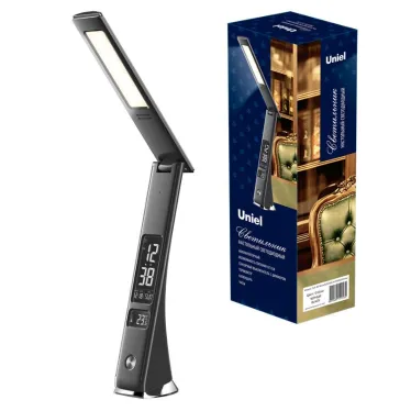 Светильник TLD-567 Black/LED/300Lm/4500K/Dimmer настольный c часами, календарем, термометром, 6W. Встроенный аккумулятор 2000mAh. Сенсорный выключатель. Диммер. Черный. ТМ