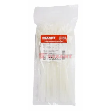Хомут-стяжкa нейлоновая под винт 200x4,3 мм, белая, упаковка 100 шт, REXANT