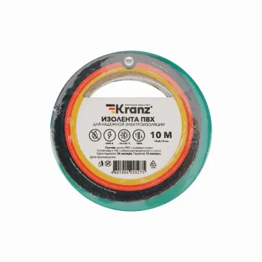 Изолента ПВХ KRANZ 0.13х15 мм, 10 м, зеленая 10шт