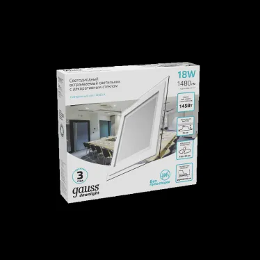Светильник светодиодный ДВО 18 Вт 1480 лм 4000К AC 220В IP20 квадрат 200х200х36мм монт разм 170х170мм Алюминий с декоративным стеклом Glass Gauss