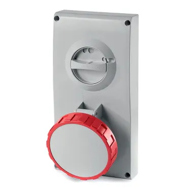 Розетка панельная 63А 3P+E 400В верхнее размещение разъема и механическая блокировка