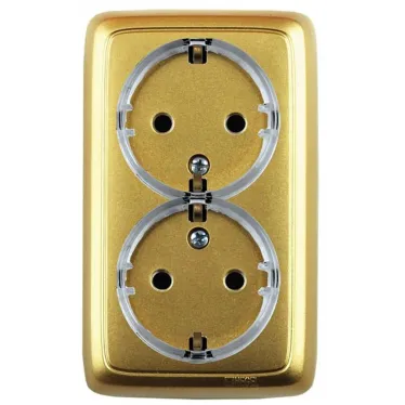 Розетка двойная наружная с заземлением с изоляционной пластиной золото (стакан)