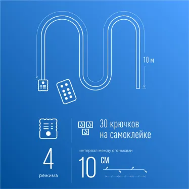 Гирлянда влагозащитная Дюралайт 10м (нить в трубе 0,8мм) + 30 клипс
