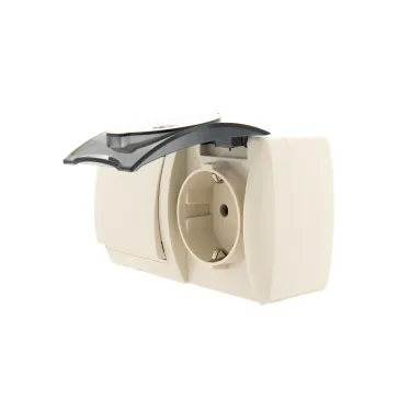 HATA Выключатель с розеткой с заземлением и крышкой бежевый, горизонтальный
