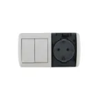 HATA Выключатель двухклавишный с розеткой с заземлением и крышкой белый, горизонтальный