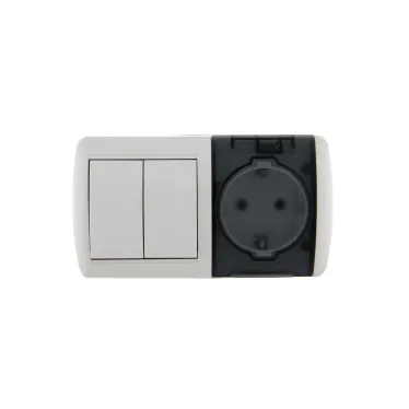 HATA Выключатель двухклавишный с розеткой с заземлением и крышкой белый, горизонтальный