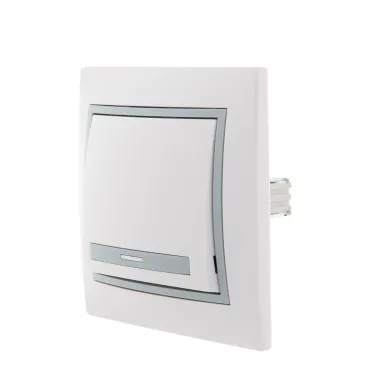 Выключатель одноклавишный, белый, с серой вставкой