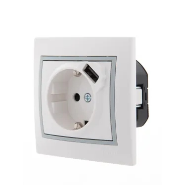 Розетка Мира с/з 16A с USB 2.1A скрытой установки белая с серой вставкой