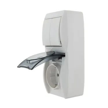 HATA Выключатель двухклавишный с розеткой с заземлением и крышкой белый, вертикальный