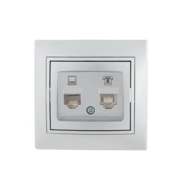 Мира Розетка RJ 45 + RJ 11 металлик с вставкой серый