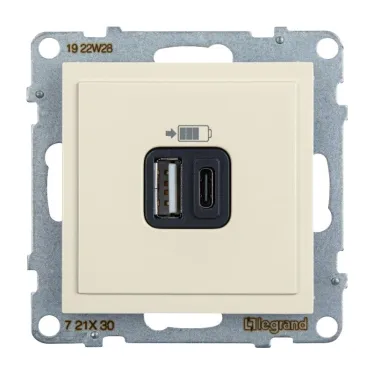 SUNO Зарядное устройство USB 2 выхода Тип А - Тип С Цвет "Слоновая кость" | 721230 | Legrand