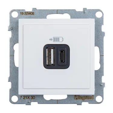 SUNO Зарядное устройство USB 2 выхода Тип А - Тип С Цвет "Белый" | 721130 | Legrand