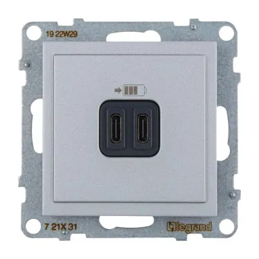 SUNO Зарядное устройство USB 2 выхода Тип С - Тип С Цвет "Алюминий" | 721331 | Legrand