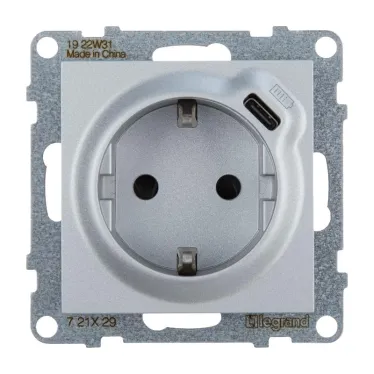 SUNO Комбинированная розетка со шторками 2К+З 16А 250В/USB С 1500мА. Безвинтовые зажимы. Цвет "Алюминий" | 721329 | Legrand