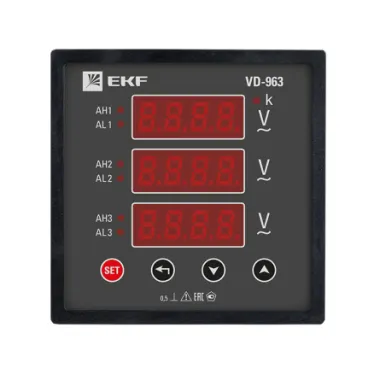 Вольтметр цифровой на панель 96x96 (квадратный вырез) трехфазный в коротком корпусе PROxima