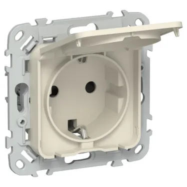 FLITE Розетка с заземлением со шторками с крышкой. 16А IP44 РСшкр11-0-44-ФлСл сливочный | FI-R16-16-44-K86 | IEK