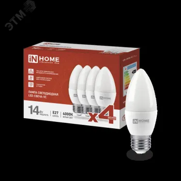 Лампа светодиодная LED-СВЕЧА-VC 4PACK 14Вт 230В Е27 4000К 1330Лм (4шт./упак) IN HOME