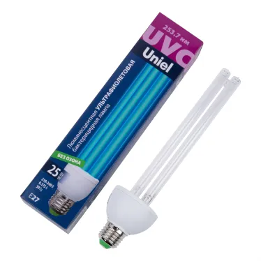 Лампа ультрафиолетовая бактерицидная. ESL-PLD-25/UVCB/E27/CL Спектр UVC 253,7нм. Картон. ТМ