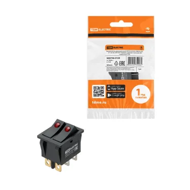 Выключатель двухклавишный KCD3-221N/D 250В AC/DC 1P 15А (6с) ON-OFF черный с красной точечной LED подсветкой TDM