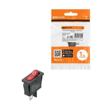 Выключатель клавишный KCD1-101B 250В AC/DC, 1P, 6А, (2с), ON-OFF, черный корпус, красная клавиша, Mini, TDM