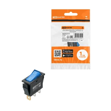 Выключатель клавишный IRS-101N 250В AC/DC, 1P, 15А, (3с), ON-OFF, черный корпус, синяя клавиша с LED подсветкой TDM