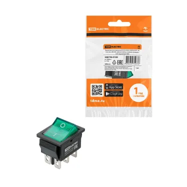 Выключатель клавишный KCD4-202N 250В AC/DC, 2P, 15А, (6с), ON-ON, черный корпус, зеленая клавиша с LED подсветкой TDM