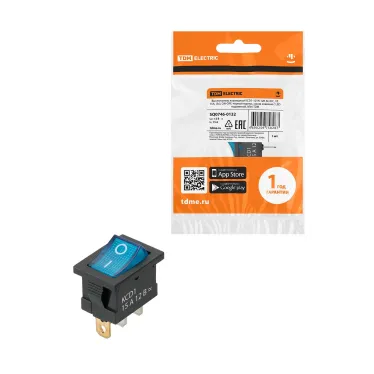 Выключатель клавишный KCD1-101N 12В AC/DC, 1P, 15А, (3с), ON-OFF, черный корпус, синяя клавиша с LED подсветкой, Mini TDM