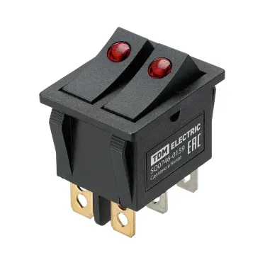 Выключатель двухклавишный KCD3-221N/D 250В AC/DC 1P 15А (6с) ON-OFF черный с красной точечной LED подсветкой TDM