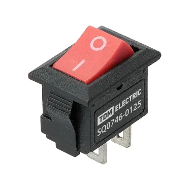 Выключатель клавишный KCD11-101 250В AC/DC, 1P, 3А, (2с), ON-OFF, черный корпус, красная клавиша, Micro TDM