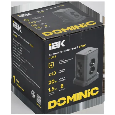 DOMINIC Удлинитель У08K 8 мест 2P+PE 1,5м 3х1,0мм2 16А/250В USB A+C 20Вт черный IEK
