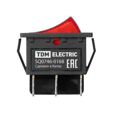 Выключатель клавишный KCD4-202N 250В AC/DC, 2P, 15А, (6с), ON-ON, черный корпус, красная клавиша с LED подсветкой TDM