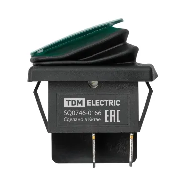 Выключатель клавишный KCD4-201N/HS 250В AC/DC, 2P, 15А, (4с), ON-OFF, черный корпус, зеленая клавиша с LED подсветкой, IP54 TDM