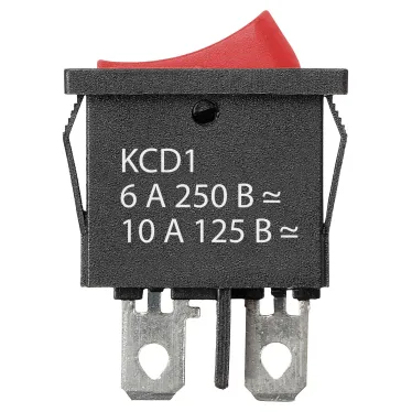 Выключатель клавишный KCD1-101B 250В AC/DC, 1P, 6А, (2с), ON-OFF, черный корпус, красная клавиша, Mini, TDM