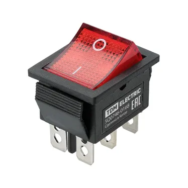 Выключатель клавишный KCD4-202N 250В AC/DC, 2P, 15А, (6с), ON-ON, черный корпус, красная клавиша с LED подсветкой TDM