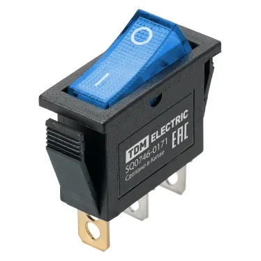 Выключатель клавишный IRS-101N 250В AC/DC, 1P, 15А, (3с), ON-OFF, черный корпус, синяя клавиша с LED подсветкой TDM