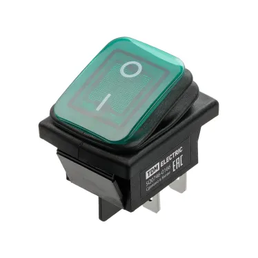 Выключатель клавишный KCD4-201N/HS 250В AC/DC, 2P, 15А, (4с), ON-OFF, черный корпус, зеленая клавиша с LED подсветкой, IP54 TDM