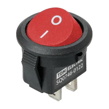 Выключатель клавишный круглый KCD11-101 250В AC/DC, 1P, 3А, (2с), ON-OFF, черный корпус, красная клавиша, Micro TDM