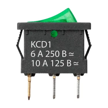 Выключатель клавишный KCD1-101N 250В AC/DC 1P 6А (3с) ON-OFF черный корпус, зеленая клавиша с LED подсветкой, Mini TDM
