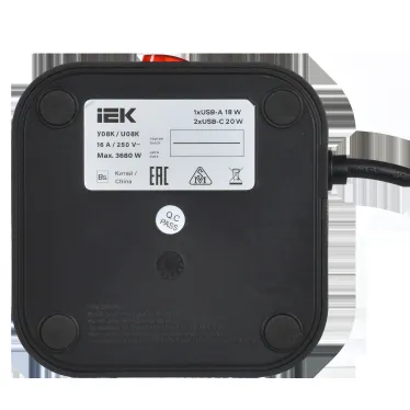 DOMINIC Удлинитель У08K 8 мест 2P+PE 1,5м 3х1,0мм2 16А/250В USB A+C 20Вт черный IEK