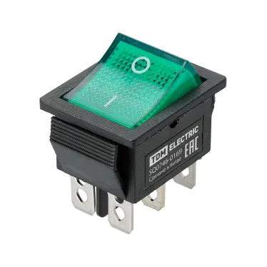 Выключатель клавишный KCD4-202N 250В AC/DC, 2P, 15А, (6с), ON-ON, черный корпус, зеленая клавиша с LED подсветкой TDM