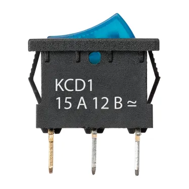 Выключатель клавишный KCD1-101N 12В AC/DC, 1P, 15А, (3с), ON-OFF, черный корпус, синяя клавиша с LED подсветкой, Mini TDM