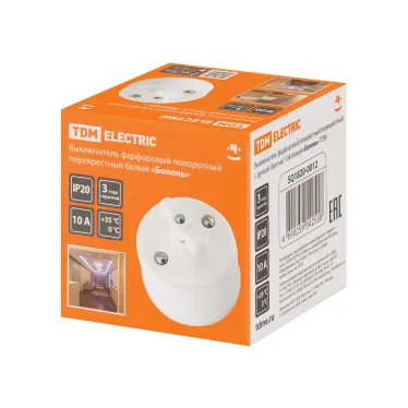 Выключатель фарфоровый поворотный перекрёстный с ручкой (бантик) 10А белый «Болонь» TDM