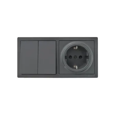 LETO Выключатель двойной и розетка с заземлением,графит горизонталь Lezard 752-3400-170BKP