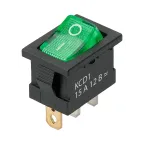 Выключатель клавишный KCD1-101N 12В AC/DC, 1P, 15А, (3с), ON-OFF, черный корпус, зеленая клавиша с LED подсветкой, Mini TDM