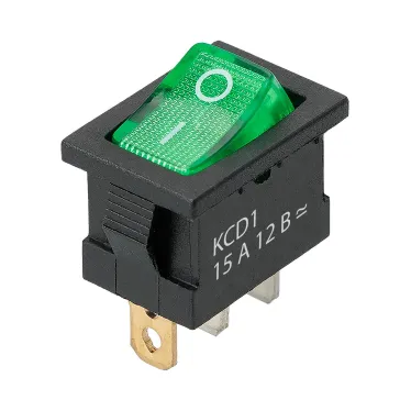 Выключатель клавишный KCD1-101N 12В AC/DC, 1P, 15А, (3с), ON-OFF, черный корпус, зеленая клавиша с LED подсветкой, Mini TDM