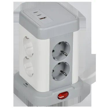 DOMINIC Удлинитель У08K 8 мест 2P+PE 1,5м 3х1,0мм2 16А/250В USB A+C 20Вт серый IEK