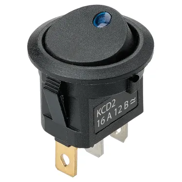 Выключатель клавишный круглый KCD2-101N-2 12В AC/DC, 1P, 16А, (3с), ON-OFF, черный с синей точечной LED подсветкой TDM