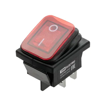 Выключатель клавишный KCD4-201N/HS 250В AC/DC, 2P, 15А, (4с), ON-OFF, черный корпус, красная клавиша с LED подсветкой, IP54 TDM