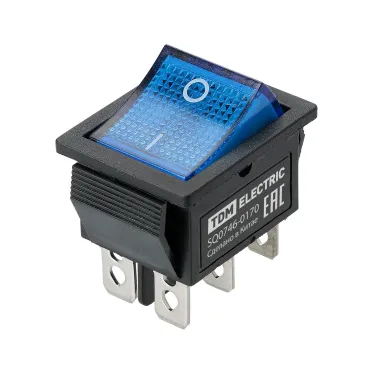 Выключатель клавишный KCD4-202N 250В AC/DC, 2P, 15А, (6с), ON-ON, черный корпус, синяя клавиша с LED подсветкой TDM